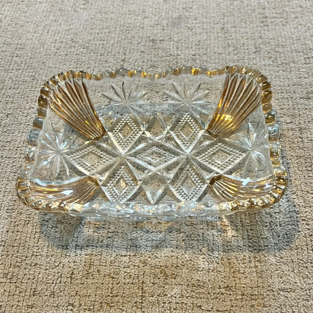 Vintage Pressed Glass Serving Gold Rimmed Dish Creamer Sugar Bowl 4 pieces
